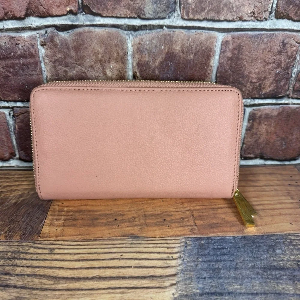 Joy Mangano Luxe Leather Double Wallet Wristlet RFID Pink Salmon New No Strap‎